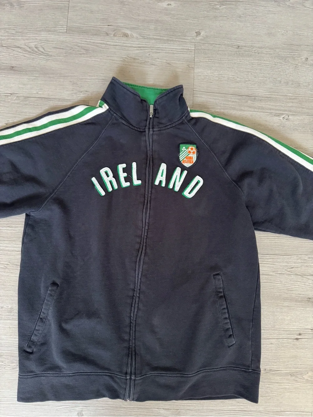Vintage Ireland Zip-Front Black  Track Jacket with Green Trim